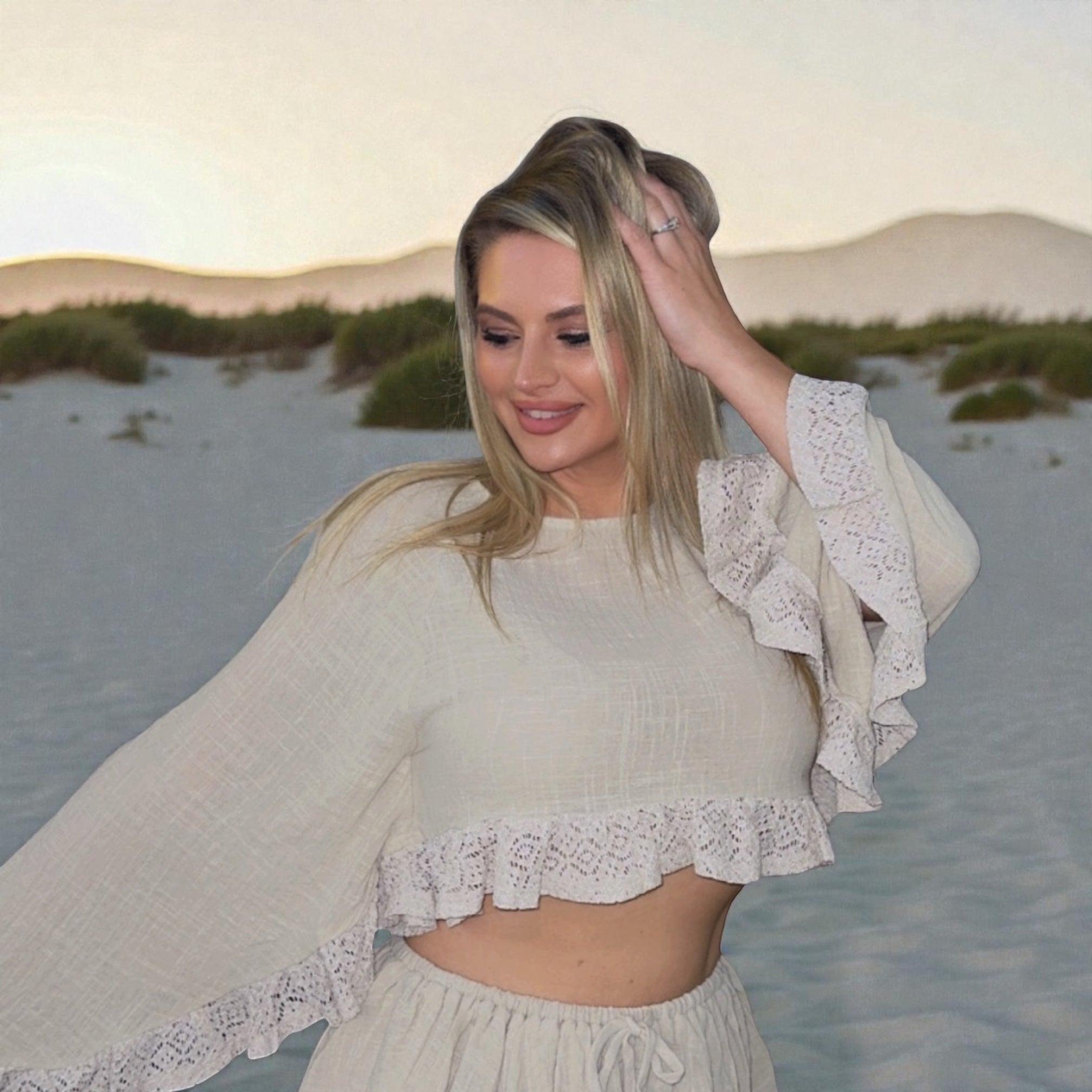 Sand Lace Trim Bell Sleeve Crop TOP