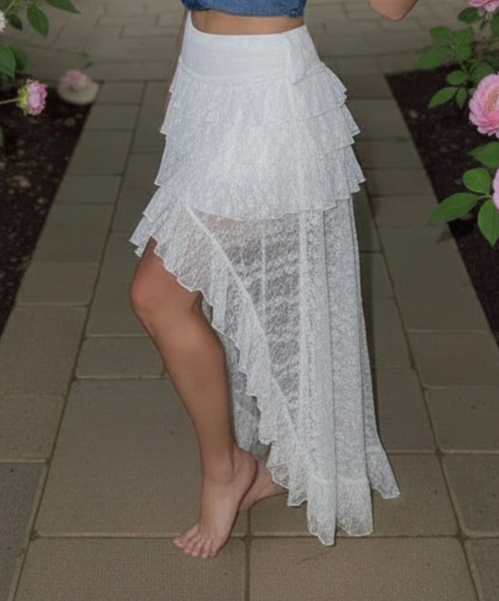 White Lace Hi-Low Ruffle Skirt
