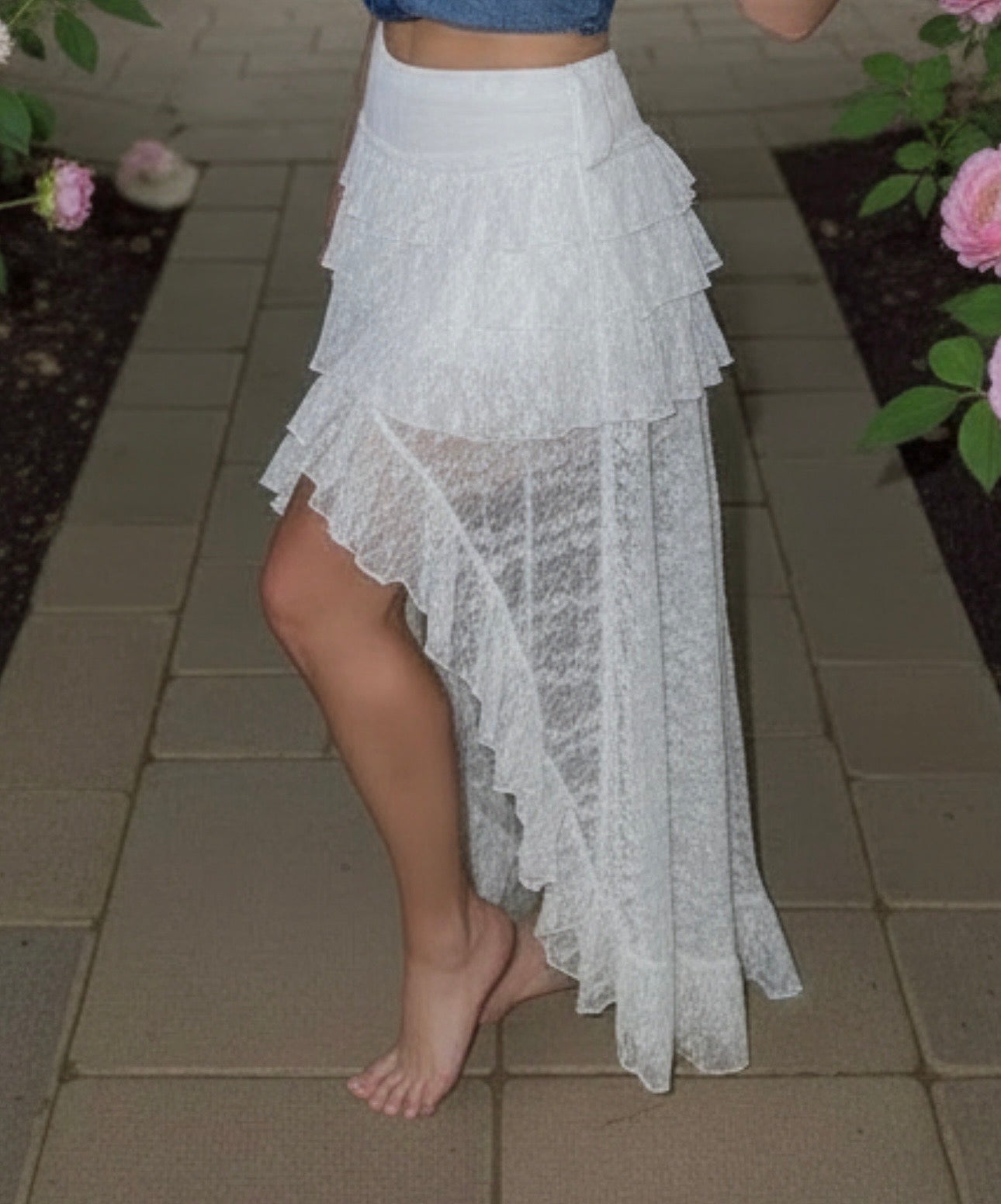 White Lace Hi-Low Ruffle Skirt