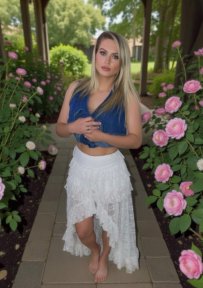 White Lace Hi-Low Ruffle Skirt