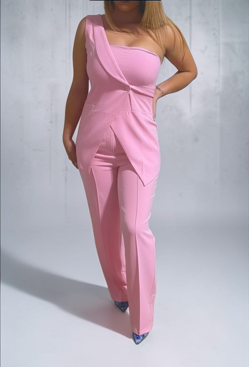Blush Pink Two Piece Set for Women | One Shoulder Top & Wide Leg Pants Outfit
