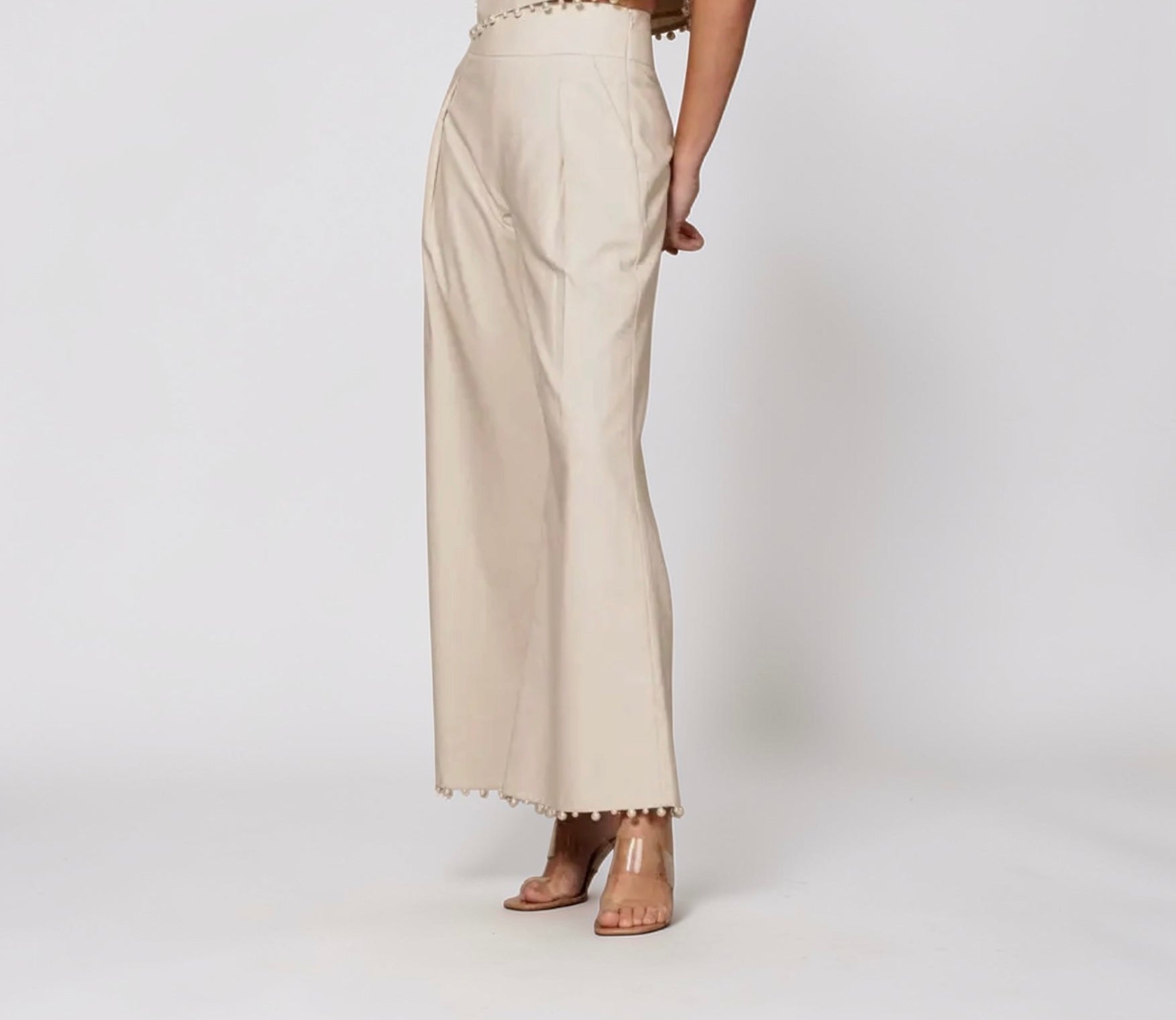 Seaside Luxe Pearl-Trim Wide-Leg Trousers: 2 TONE LINEN