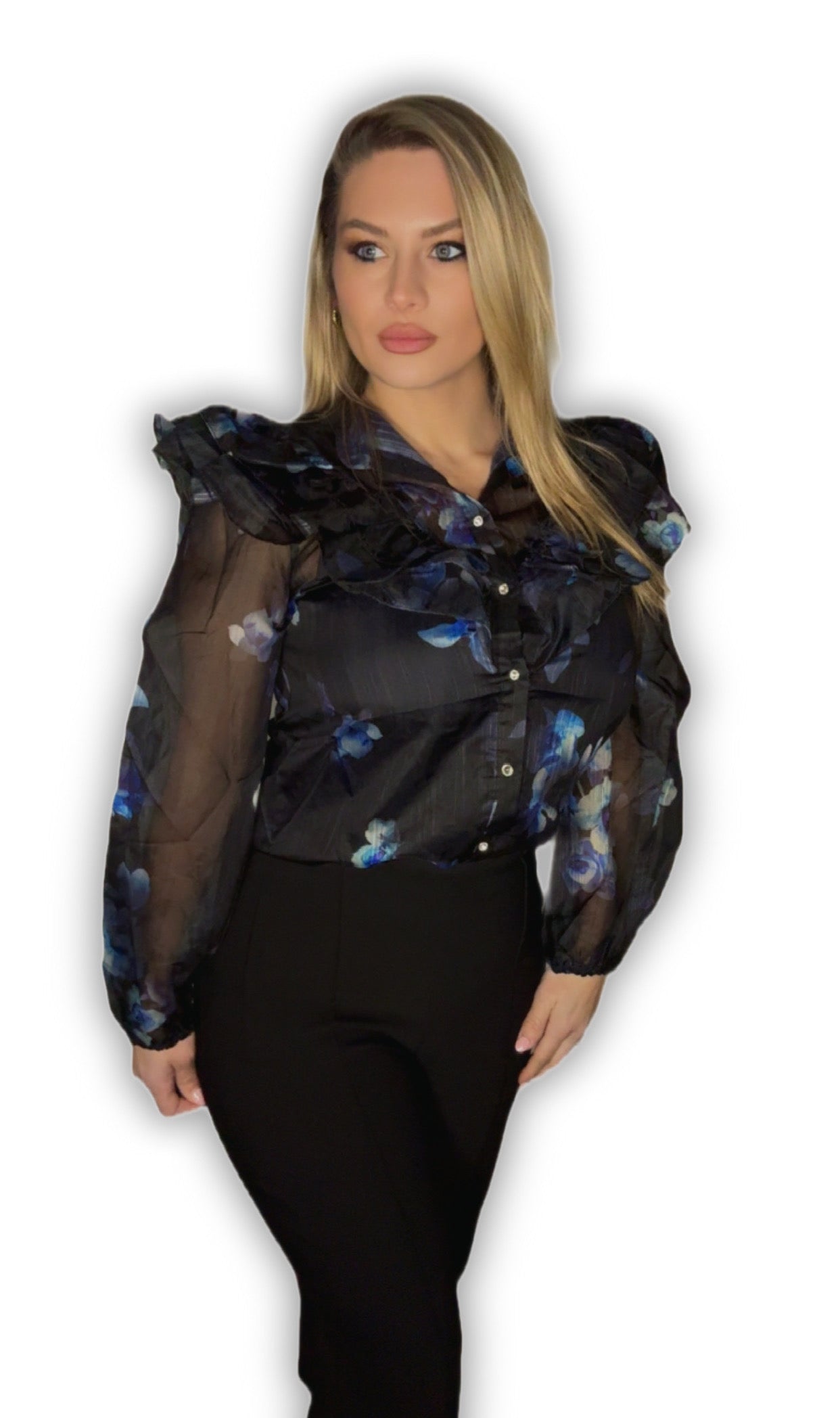 The Luxe Sheer Statement Top Blouse: BLUE FLORAL